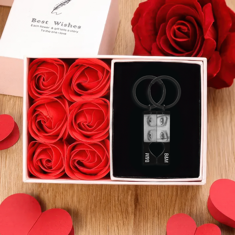 Personalised Eye Photo Heart Puzzle Keychain with 2 Photos and Initials Includes Gift Card and Luxury Gift Box for Couples Valentine's Day Gift Set