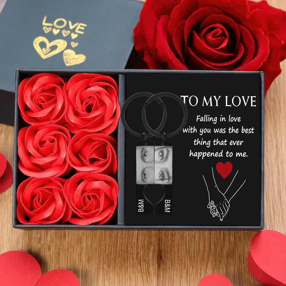 Personalised Eye Photo Heart Puzzle Keychain with 2 Photos and Initials Includes Gift Card and Luxury Gift Box for Couples Valentine's Day Gift Set