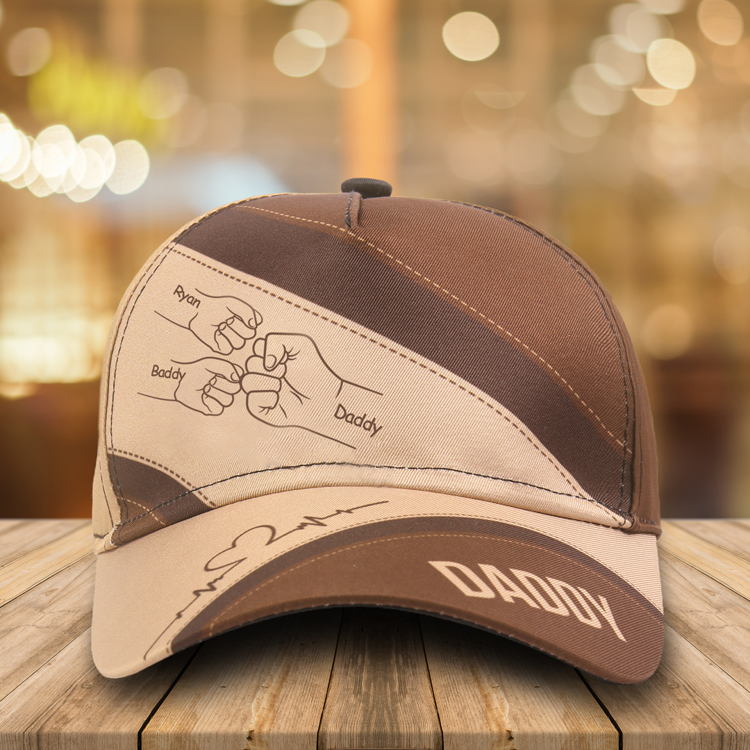 Personalised Fist Bump Classical Baseball Cap Custom 3 Names & 1 Text Snapback Adjustable Gift for Dad/Grandpa/Husband