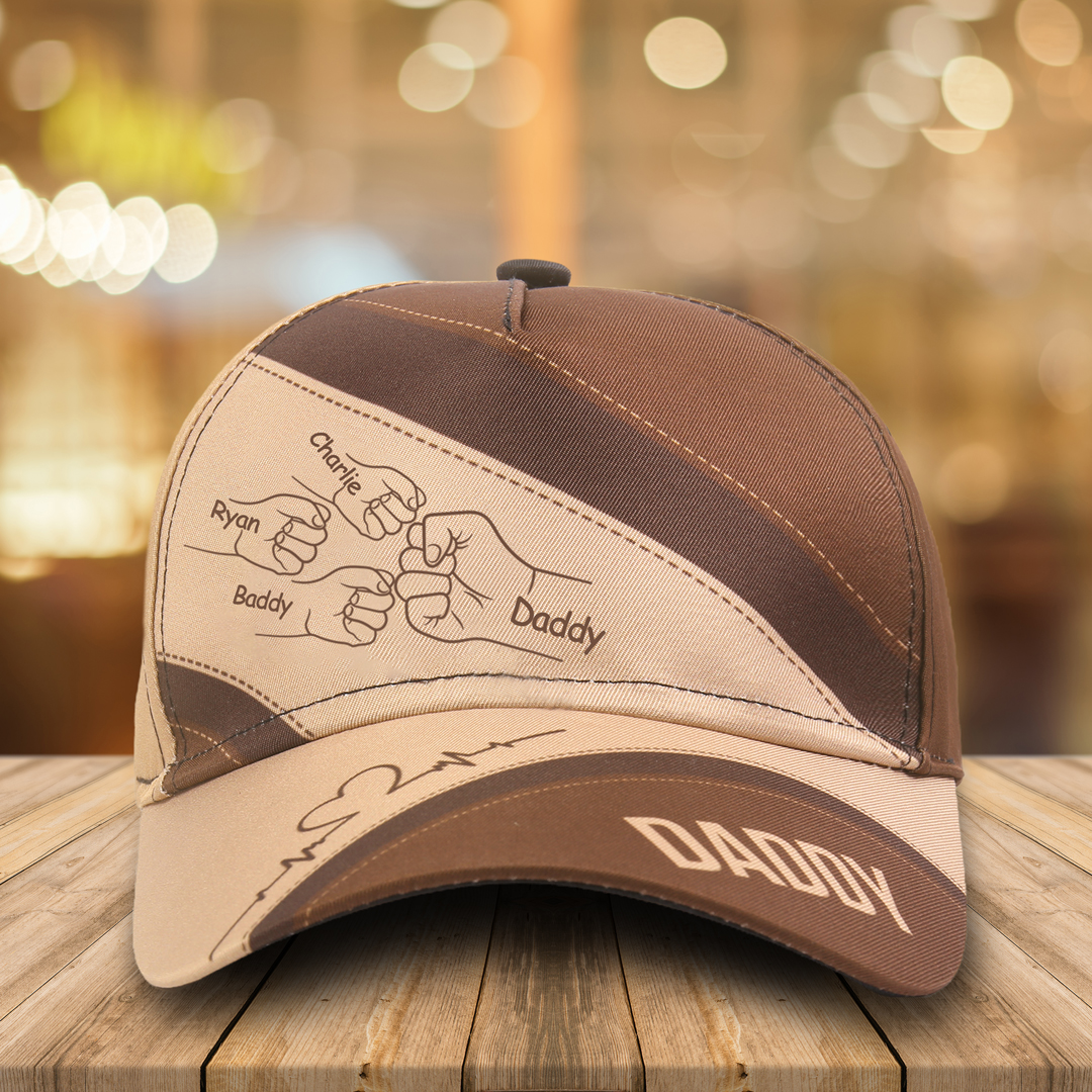 Personalised Fist Bump Classical Baseball Cap Custom 4 Names & 1 Text Snapback Adjustable Gift for Dad/Grandpa/Husband
