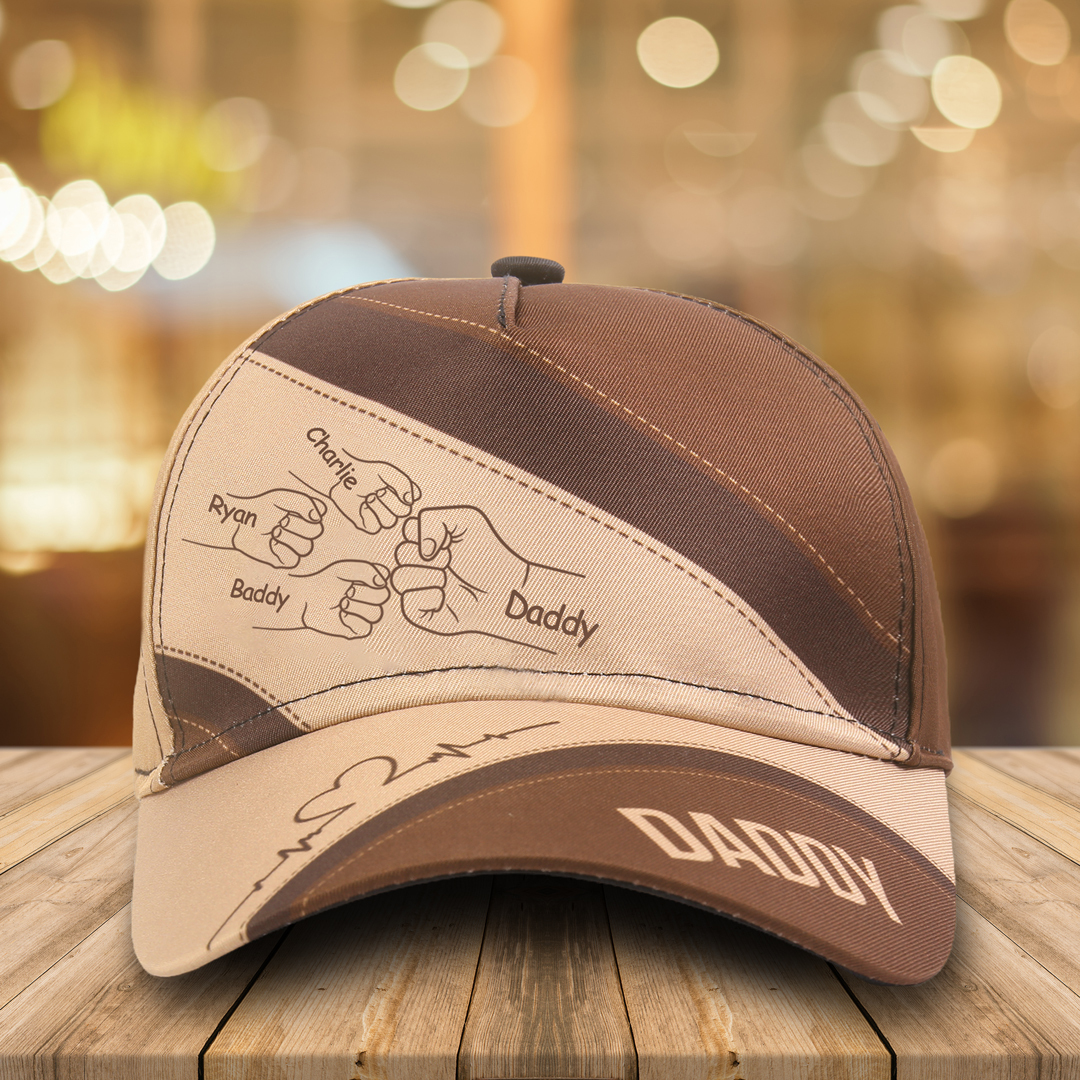 Personalised Fist Bump Classical Baseball Cap Custom 4 Names & 1 Text Snapback Adjustable Gift for Dad/Grandpa/Husband-Jessemade AU