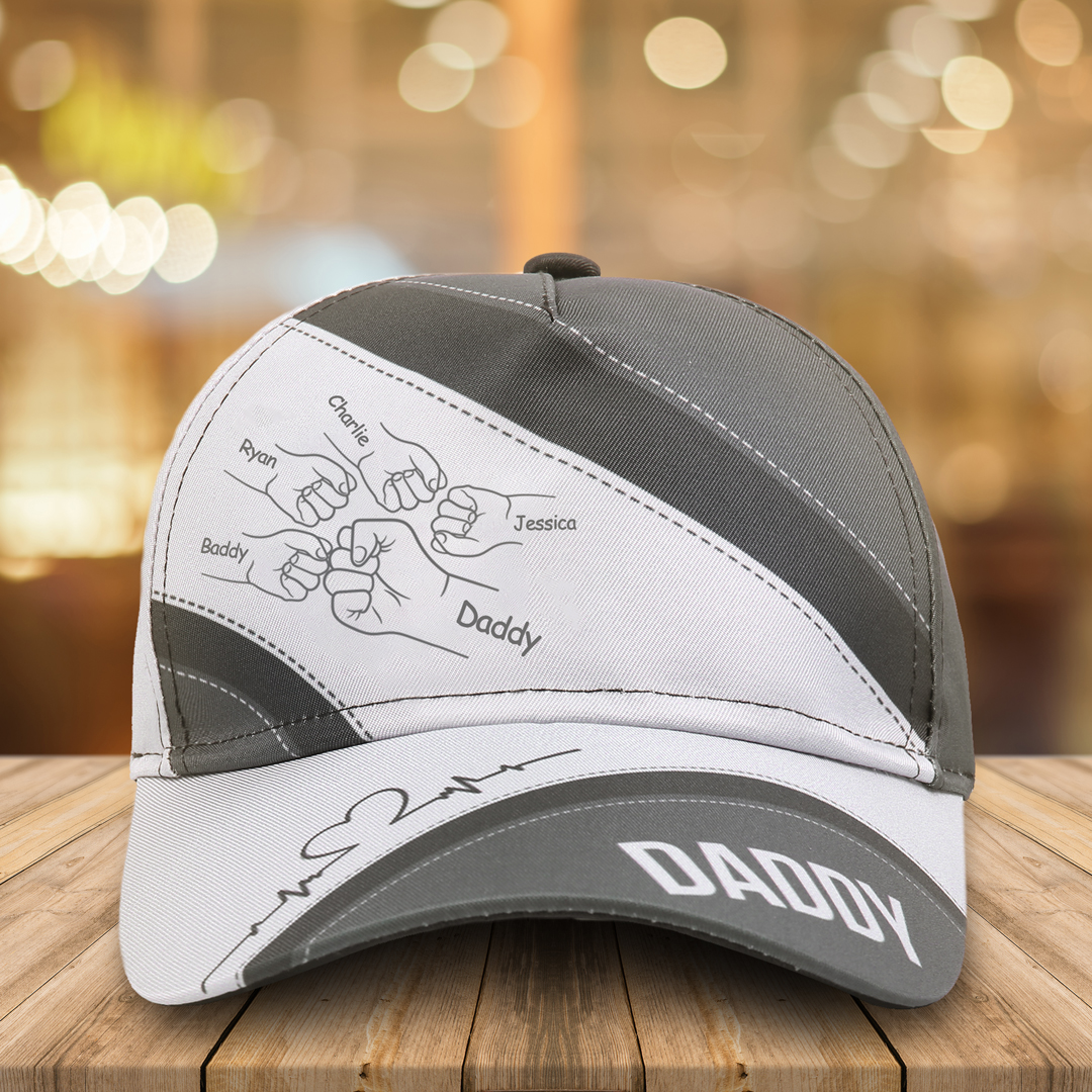 Personalised Fist Bump Classical Baseball Cap Custom 5 Names & 1 Text Snapback Adjustable Gift for Dad/Grandpa/Husband