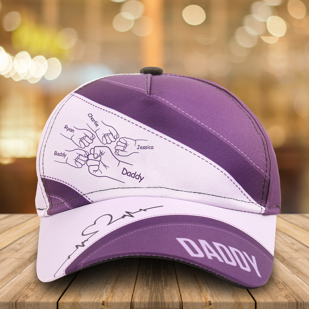Personalised Fist Bump Classical Baseball Cap Custom 5 Names & 1 Text Snapback Adjustable Gift for Dad/Grandpa/Husband