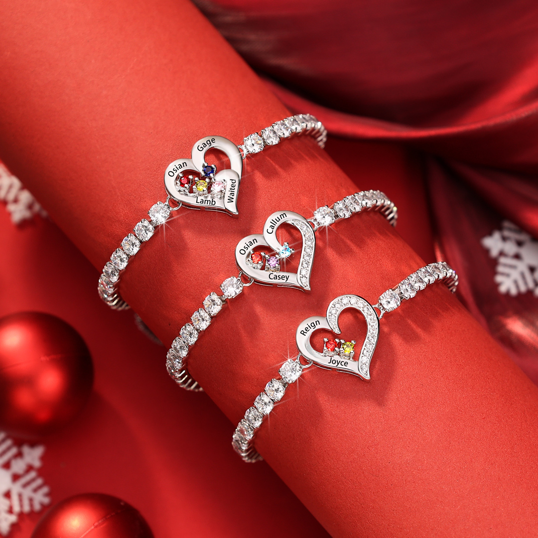 Personalised 2-4 Names & Birthstones Heart Tennis Bracelet