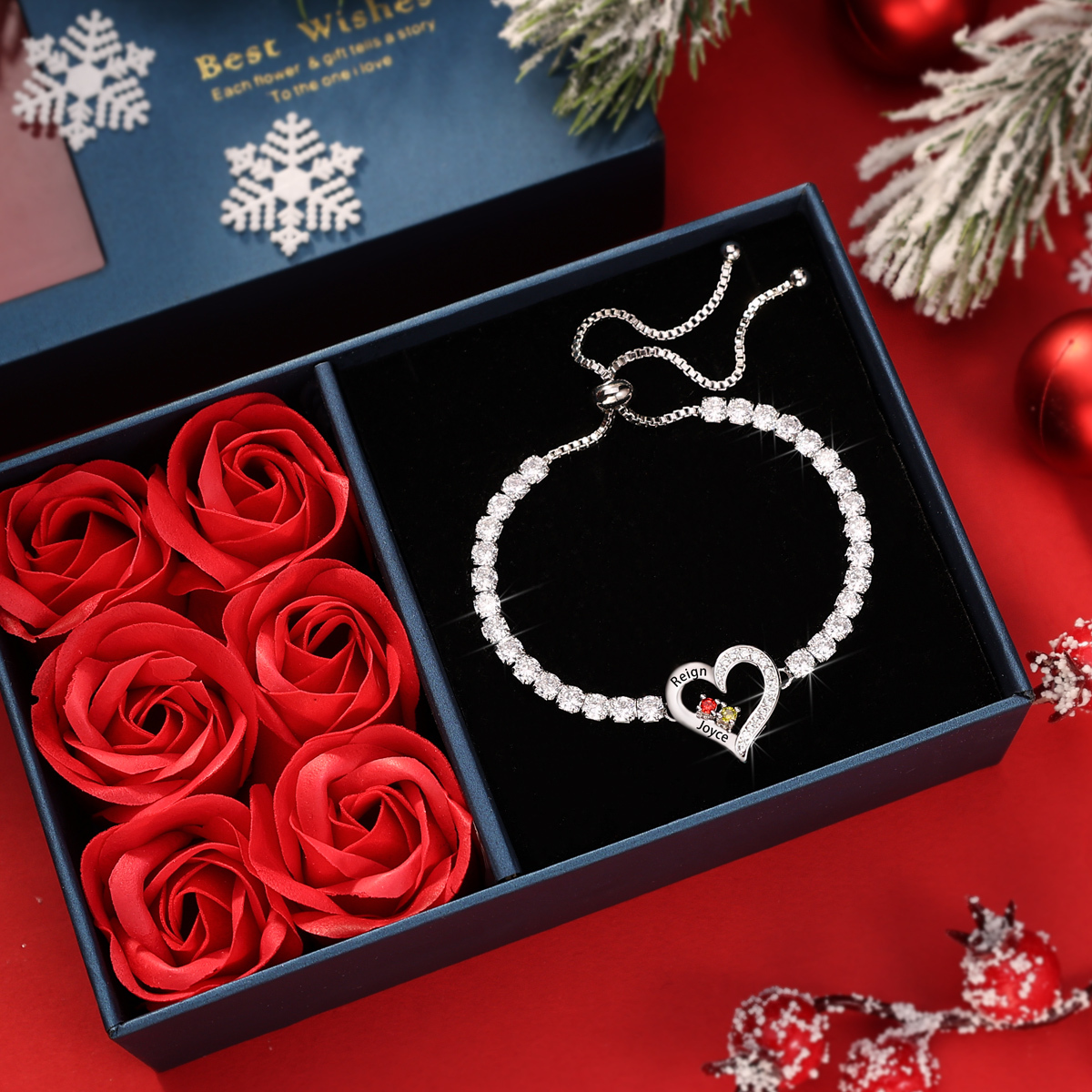 Personalised 2-4 Names & Birthstones Heart Tennis Bracelet