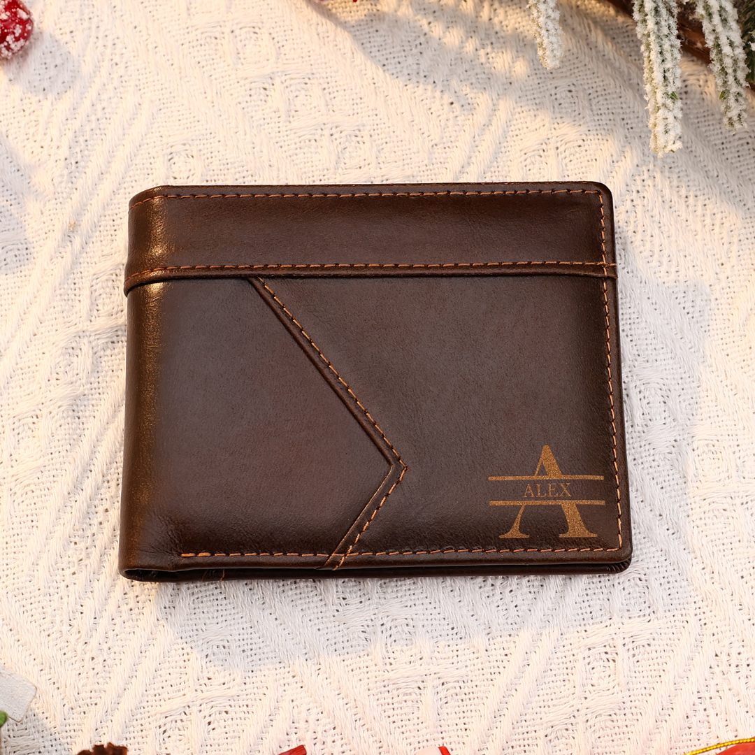 Personalised Leather Wallet Custom Name and Letter Gift for Him