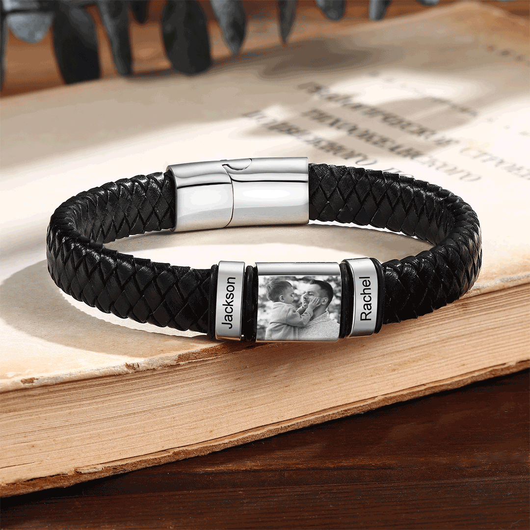 2 Names-Vintage Men's Bracelet Engraved Beads Leather Bracelet Gift for Father's Day