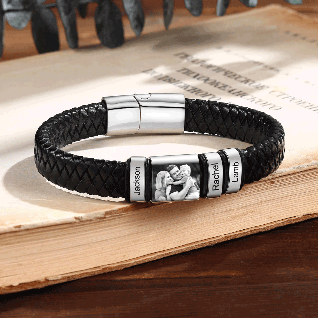 3 Names-Vintage Men's Bracelet Engraved Beads Leather Bracelet Gift for Father's Day