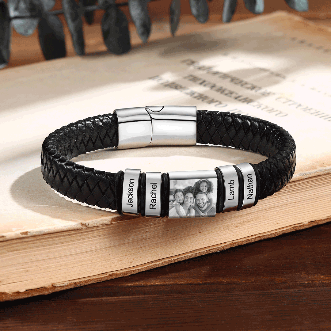 4 Names-Vintage Men's Bracelet Engraved Beads Leather Bracelet Gift for Father's Day