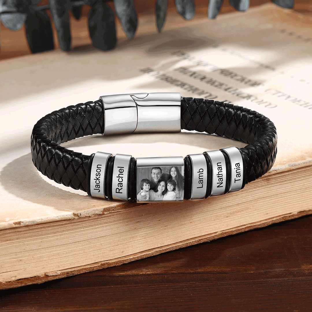 5 Names-Vintage Men's Bracelet Engraved Beads Leather Bracelet Gift for Father's Day