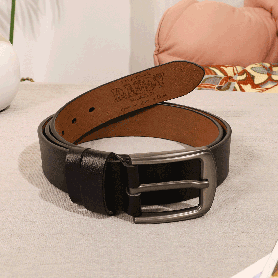 Personalised Leather Belt with 2-7 Names and 1 Letter "This awesome daddy belongs to "| Father’s Day Gift | Jessemade