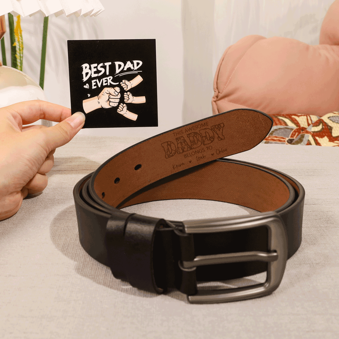 Personalised Leather Belt with 2-7 Names and 1 Letter "This awesome daddy belongs to "| Father’s Day Gift | Jessemade