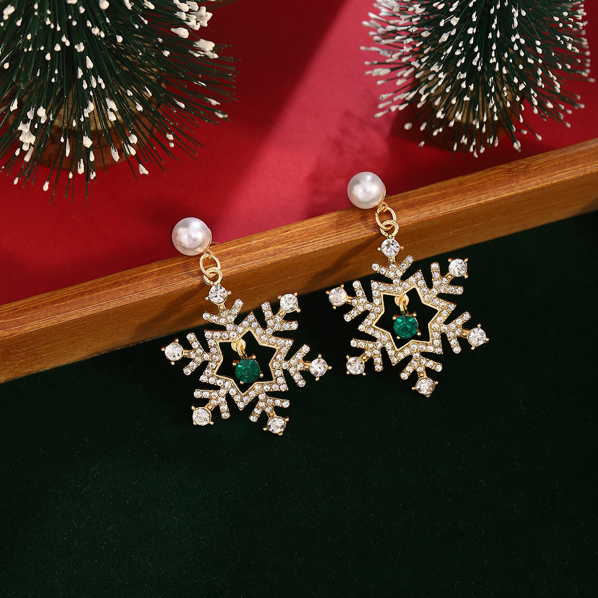 Christmas Snowflake Drop Earrings with Pearl Festive Holiday Gift-Jessemade AU