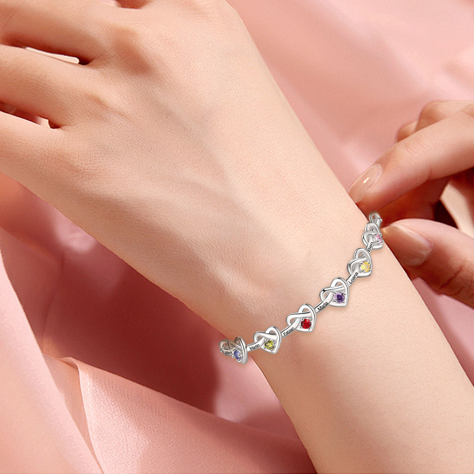 3 Colours Available Personalised Linked Heart Bracelet with 6 Custom Names Birthstones & Text Perfect Birthday Gift for Her