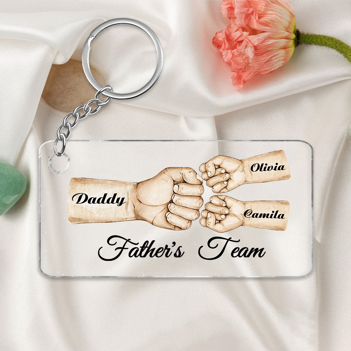 3 Names - Personalised Text & Name Acrylic Keychain Fist Bump Fathers Day Gifts for Dad/Grandpa