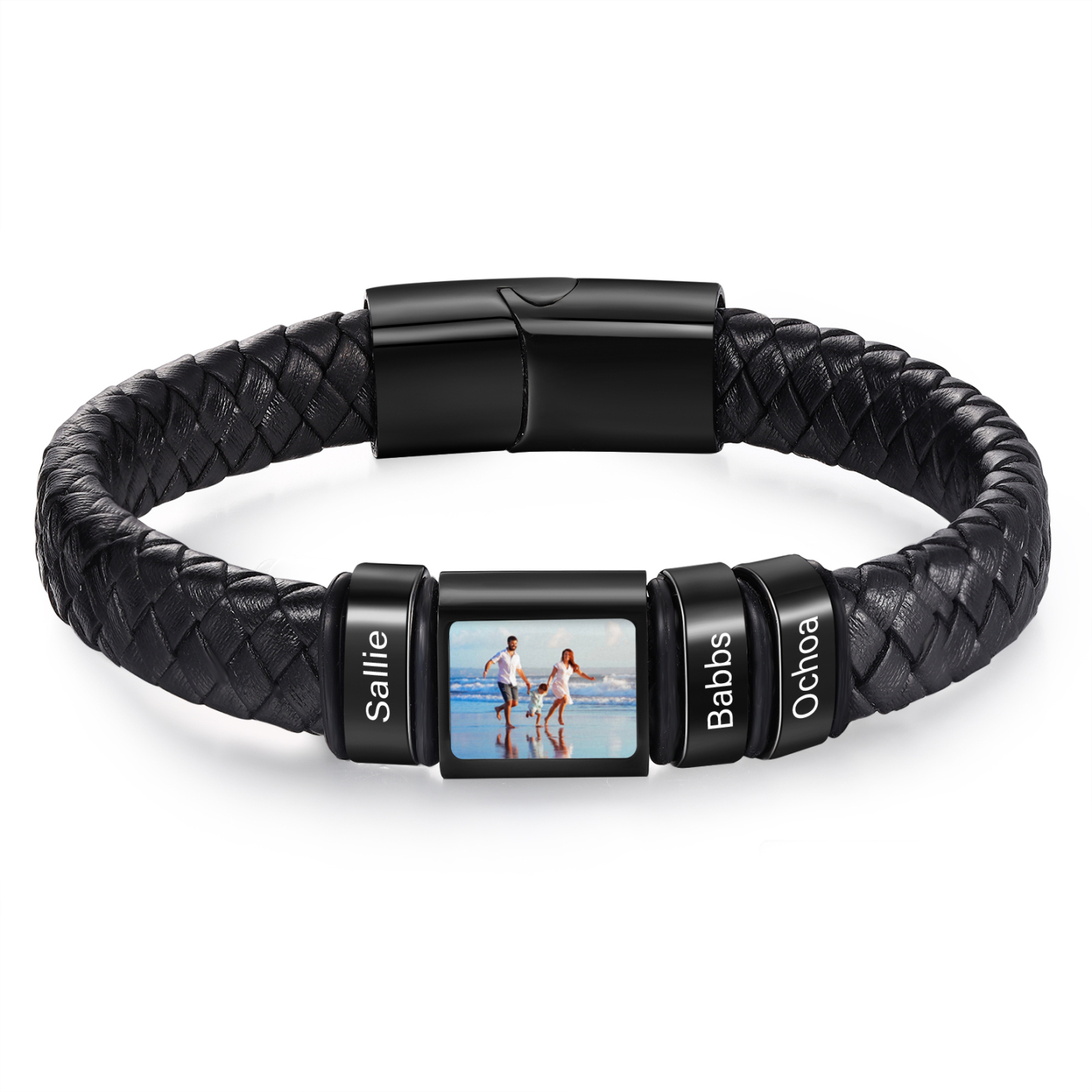 Personalised Men's Leather Bracelet Custom 1 Photo & 1–6 Names Black Silver Gift for Him-Jessemade AU