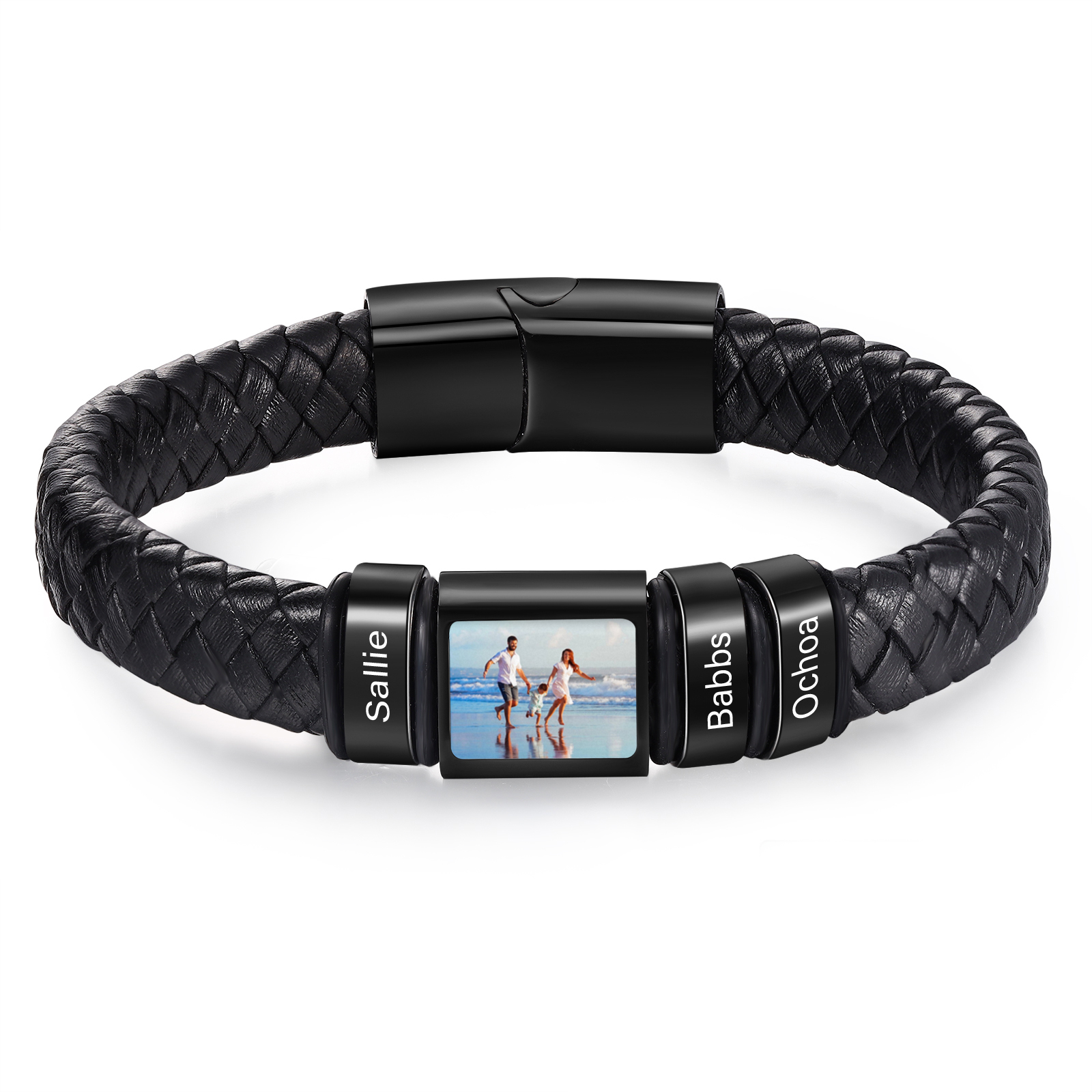 Personalised Men's Leather Bracelet Custom 1 Photo & 1–6 Names Black Silver Gift for Him-Jessemade AU