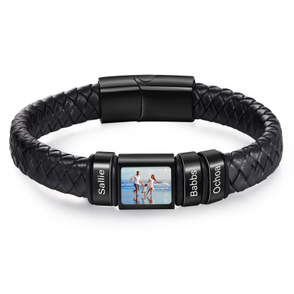 Personalised Men's Leather Bracelet Custom 1 Photo & 1–6 Names Black Silver Gift for Him-Jessemade AU