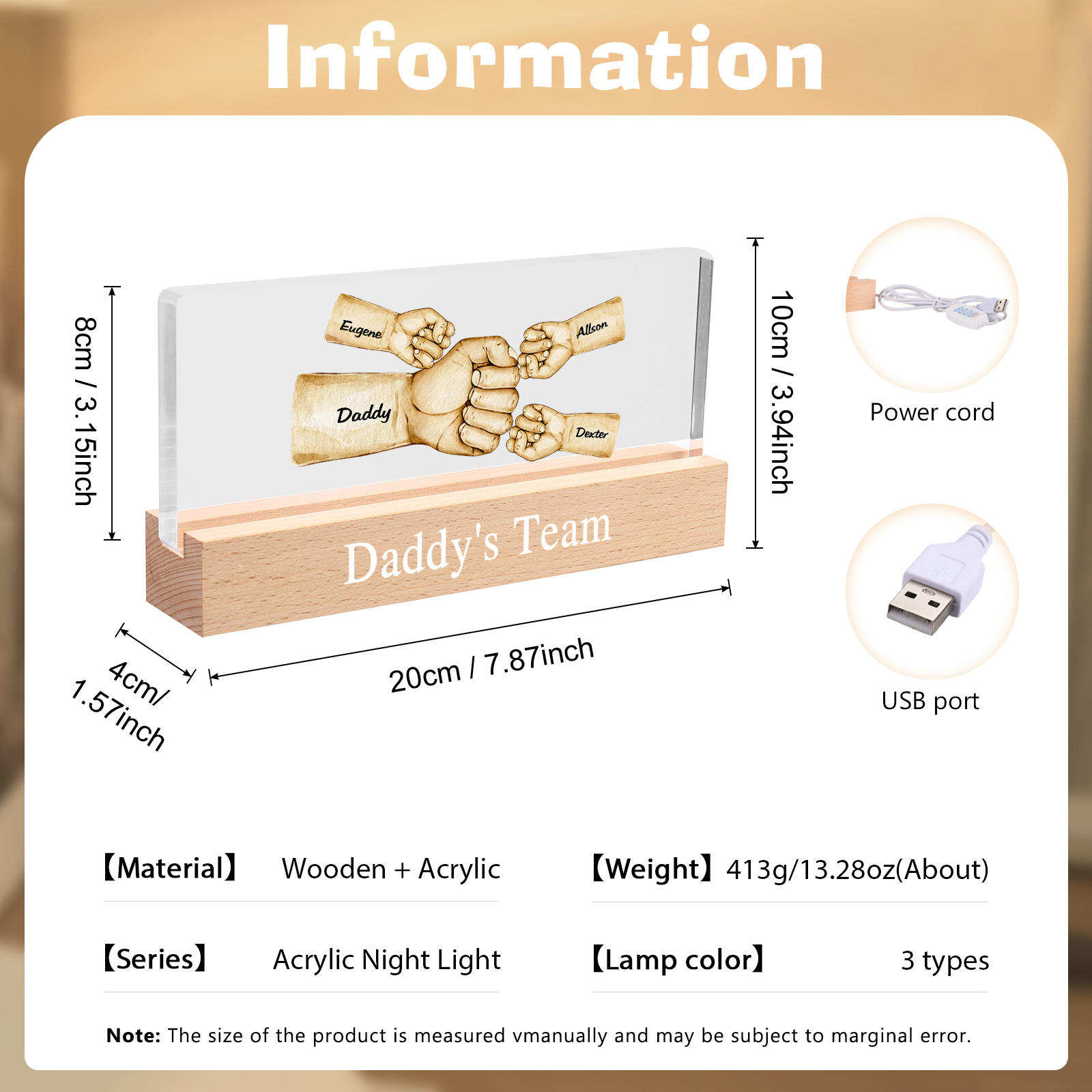 4 Names -  Personalised Name & Text Acrylic Night Light Custom Fist Bump LED Lamp Fathers Day Gifts-Jessemade AU