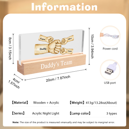 4 Names -  Personalised Name & Text Acrylic Night Light Custom Fist Bump LED Lamp Fathers Day Gifts-Jessemade AU