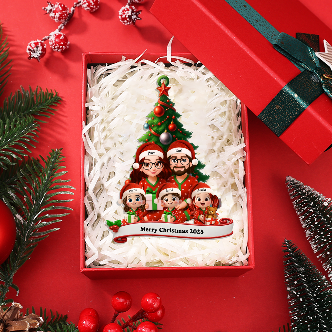 Personalised family in pyjamas Christmas tree ornament – 1–6 children, customisable names and characters – keepsake for the tree, gift for parents and grandparents | Kettenmachen
