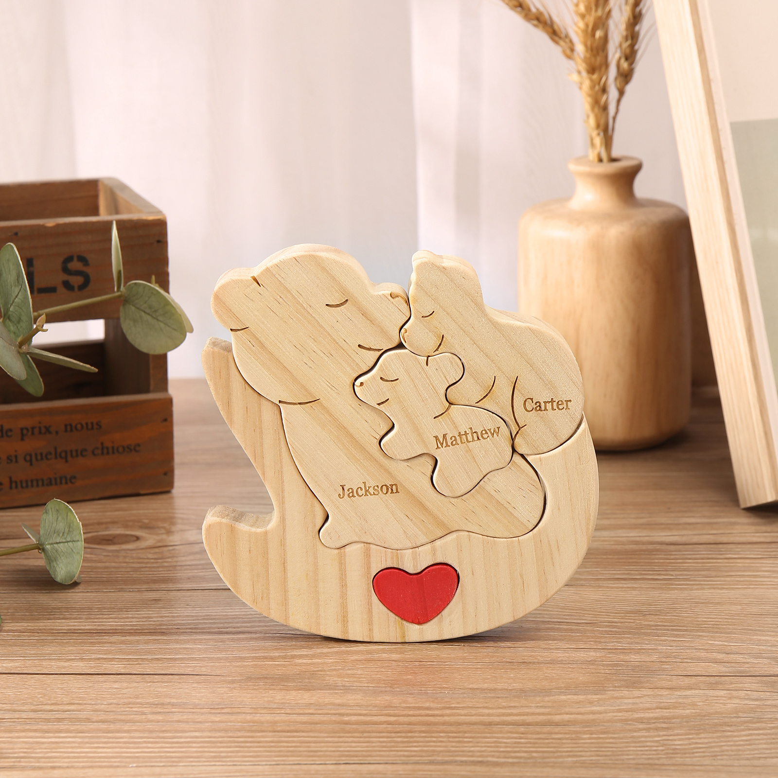 Personalised Wooden Bear Family Puzzles Custom 3 Names Animal Heart Ornaments Fathers Day Gifts-Jessemade AU