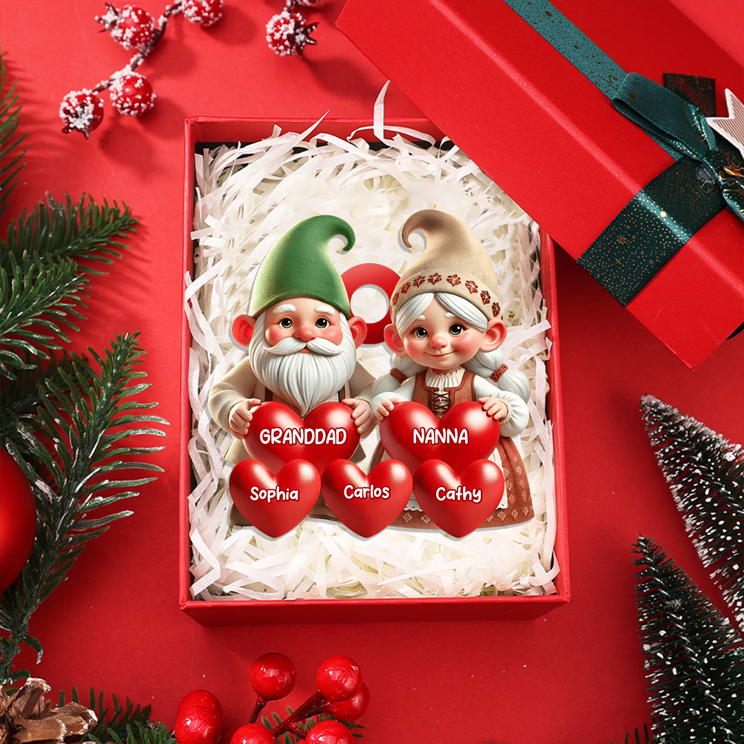 Christmas Tree Decoration Gnome Family - Personalised Hearts and Name