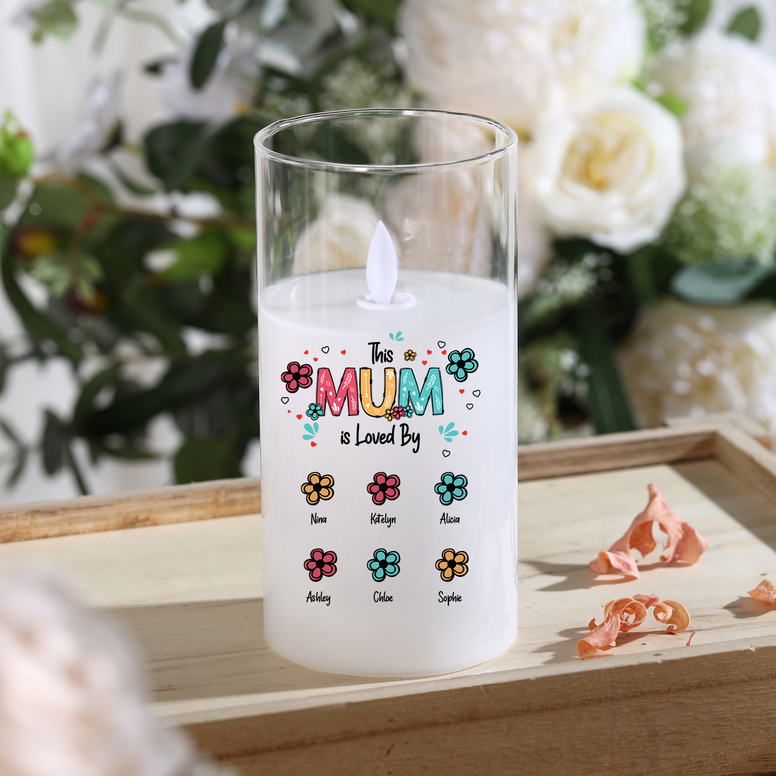 Personalised “This Mum Is Loved By” LED Glass Candle