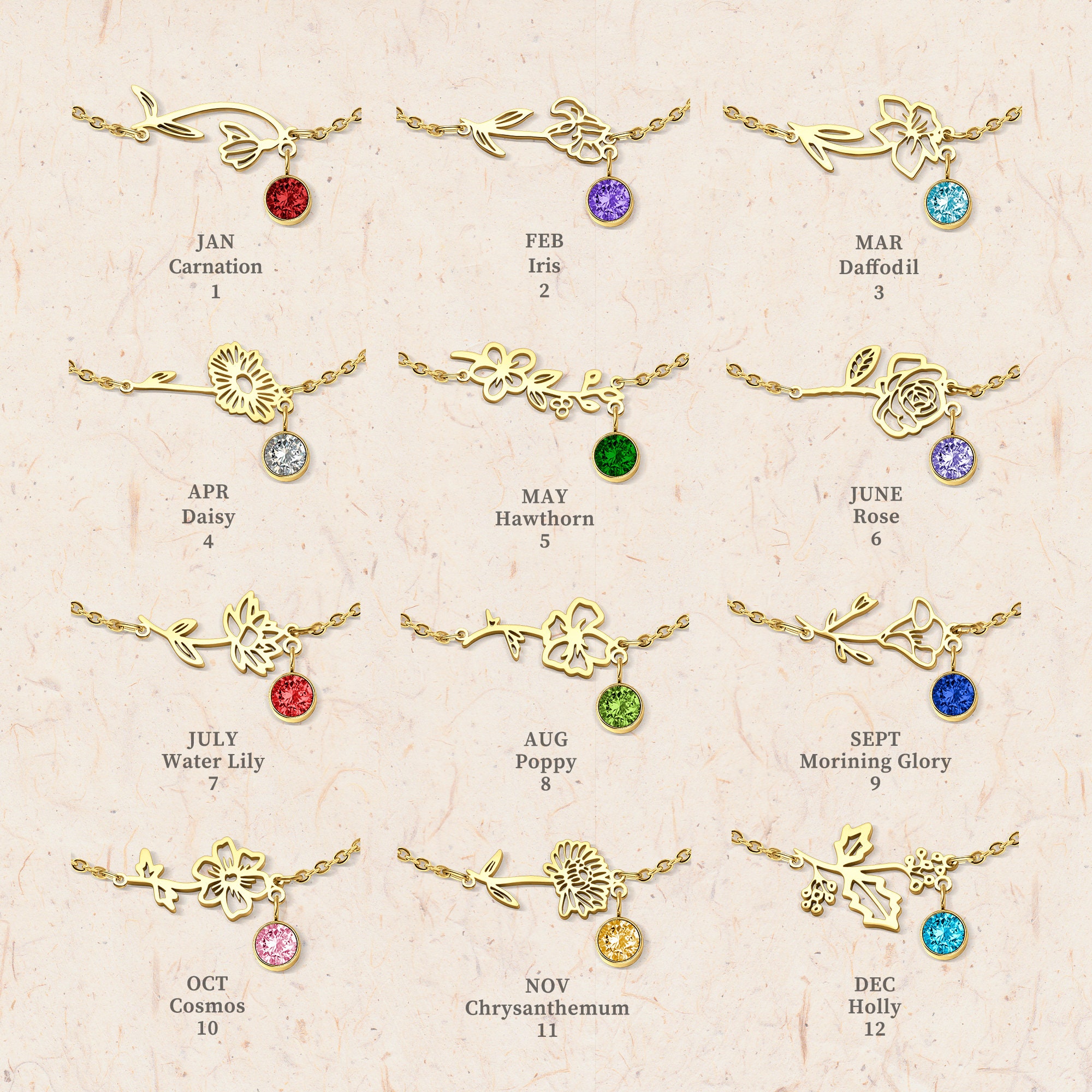 Personalised Birthflower Bracelet With 1 Birthstone Gift For Women-Jessemade AU