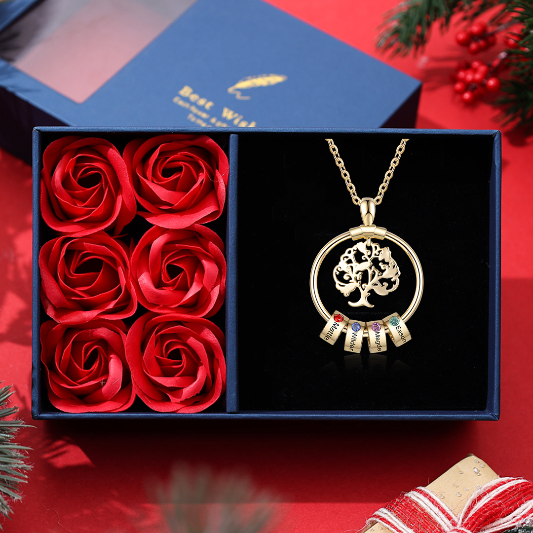 Personalised Family Necklace and Leather Bracelet Set with 4 Birthstones 4 Names Christmas Gift for Loved Ones-Jessemade AU