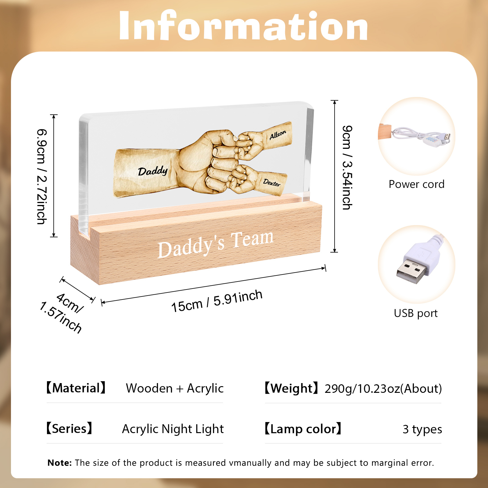 3 Names -  Personalised Name & Text Acrylic Night Light Custom Fist Bump LED Lamp Fathers Day Gifts-Jessemade AU