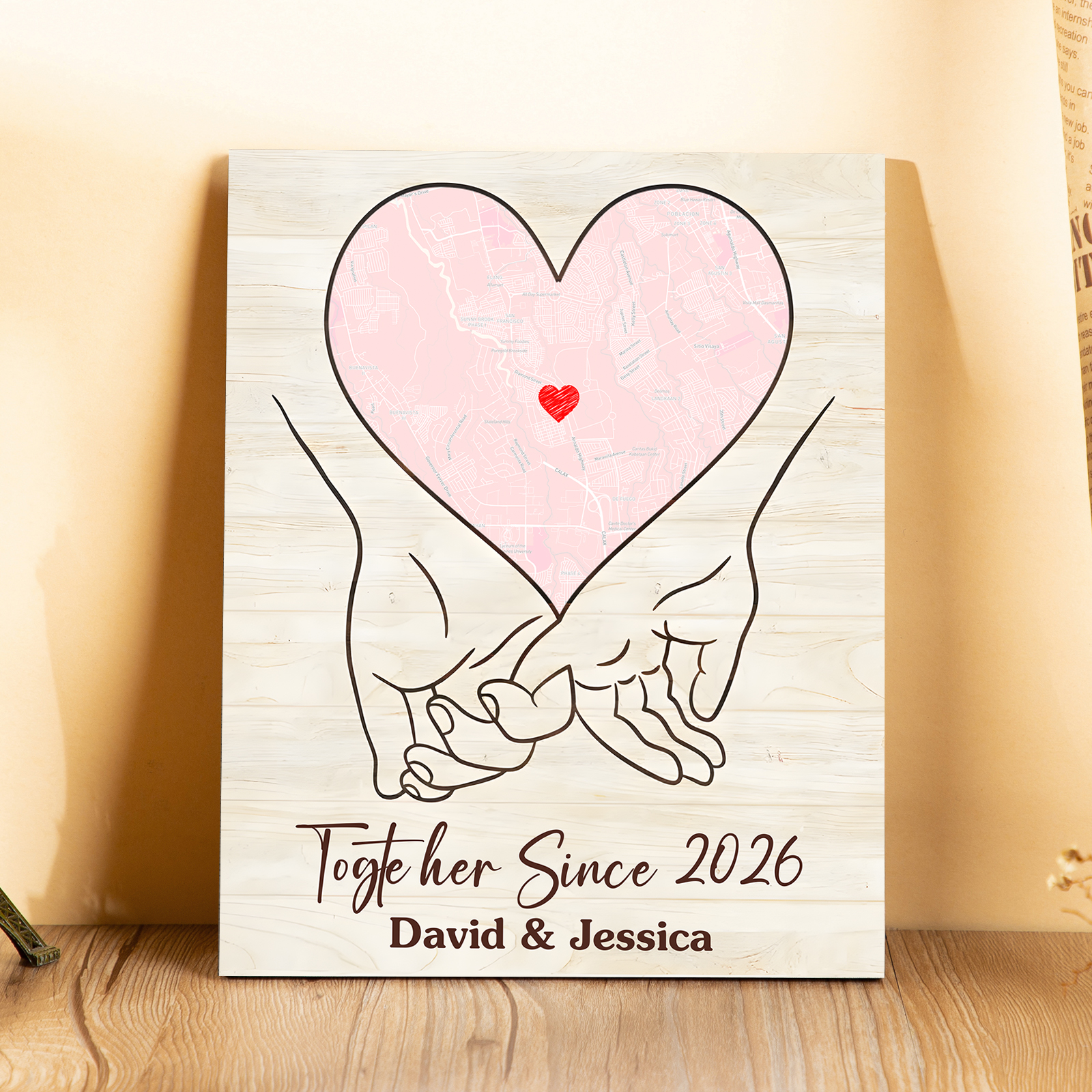 Personalised Heart Map Couple Wooden Plaque