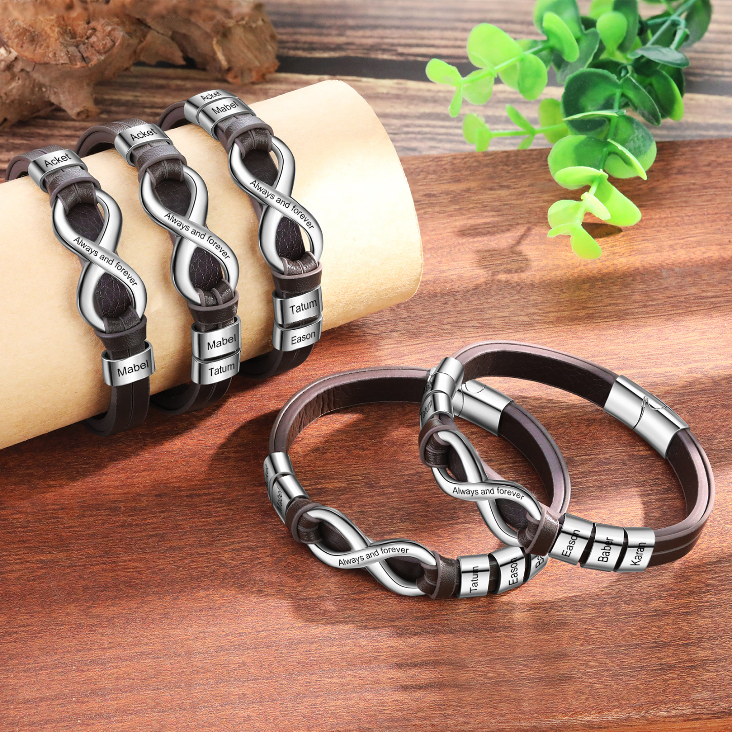 Personalised 5 Names&1 Text Leather Bracelet Custom for Him