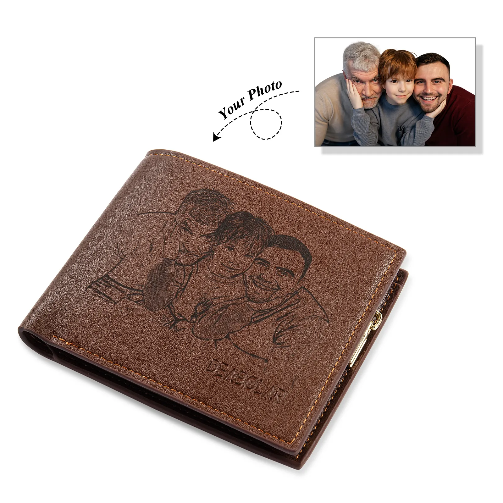Brown Personalised Leather Wallet Engraved Photo Short Purse Gifts For Men
