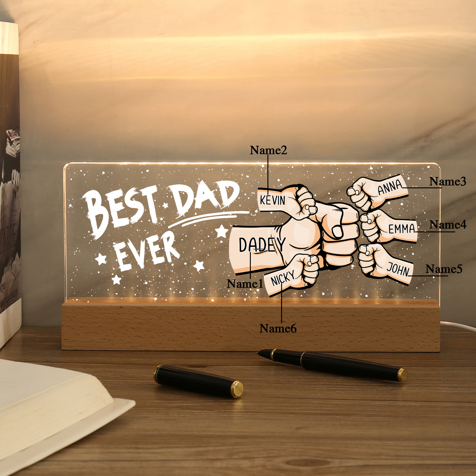 Best Dad Ever - Personalised 6 Names Acrylic Night Light Custom Fist Bump LED Lamp Fathers Day Gifts-Jessemade AU