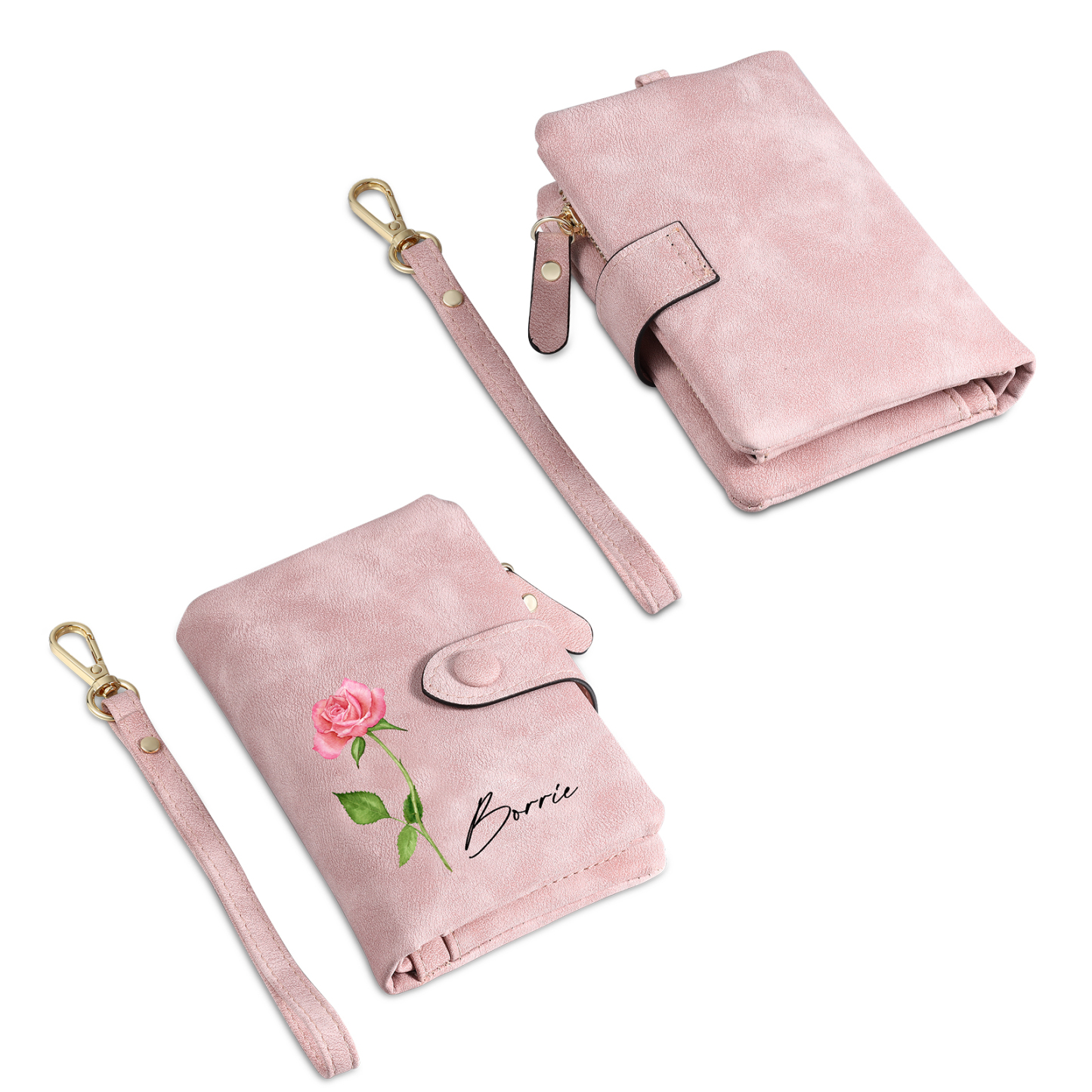 Personalised Women's Leather Wallet Custom 1 Birth Flower & 1 Name Wallet Gift for Her