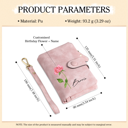 Personalised Women's Leather Wallet Custom 1 Birth Flower & 1 Name Wallet Gift for Her