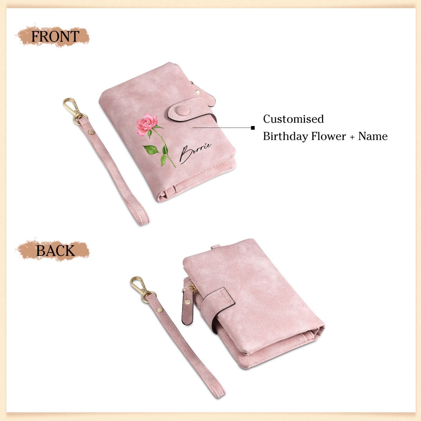 Personalised Women's Leather Wallet Custom 1 Birth Flower & 1 Name Wallet Gift for Her