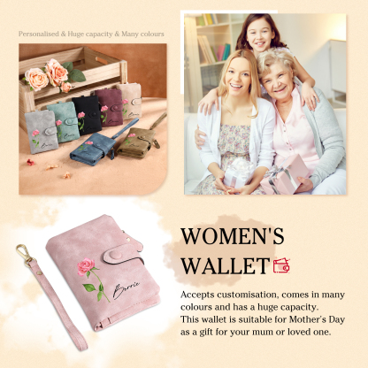 Personalised Women's Leather Wallet Custom 1 Birth Flower & 1 Name Wallet Gift for Her