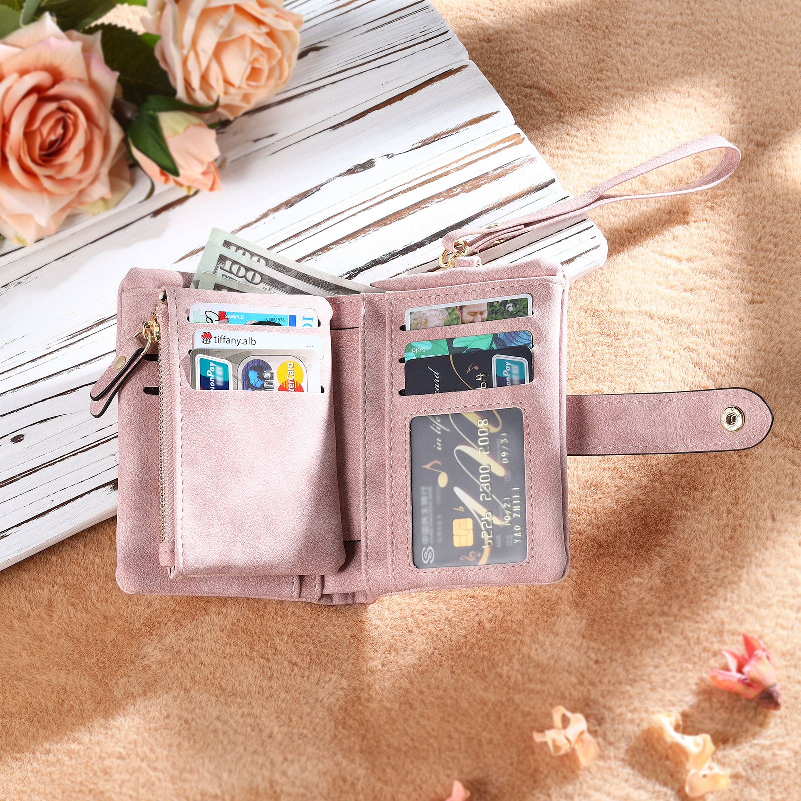 Personalised Women's Leather Wallet Custom 1 Birth Flower & 1 Name Wallet Gift for Her