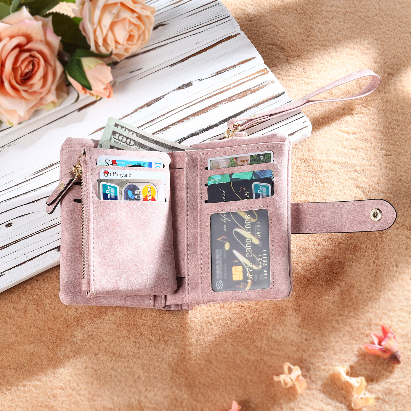 Personalised Women's Leather Wallet Custom 1 Birth Flower & 1 Name Wallet Gift for Her