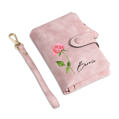 Personalised Women's Leather Wallet Custom 1 Birth Flower & 1 Name Wallet Gift for Her