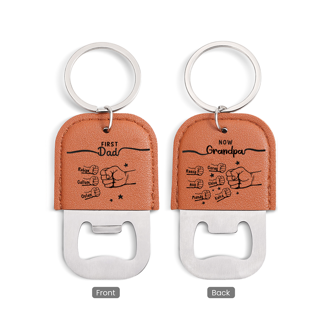 Personalised Leather Keyring with Bottle Opener Featuring 2 to 12 Names and Fist Motif for Grandad
