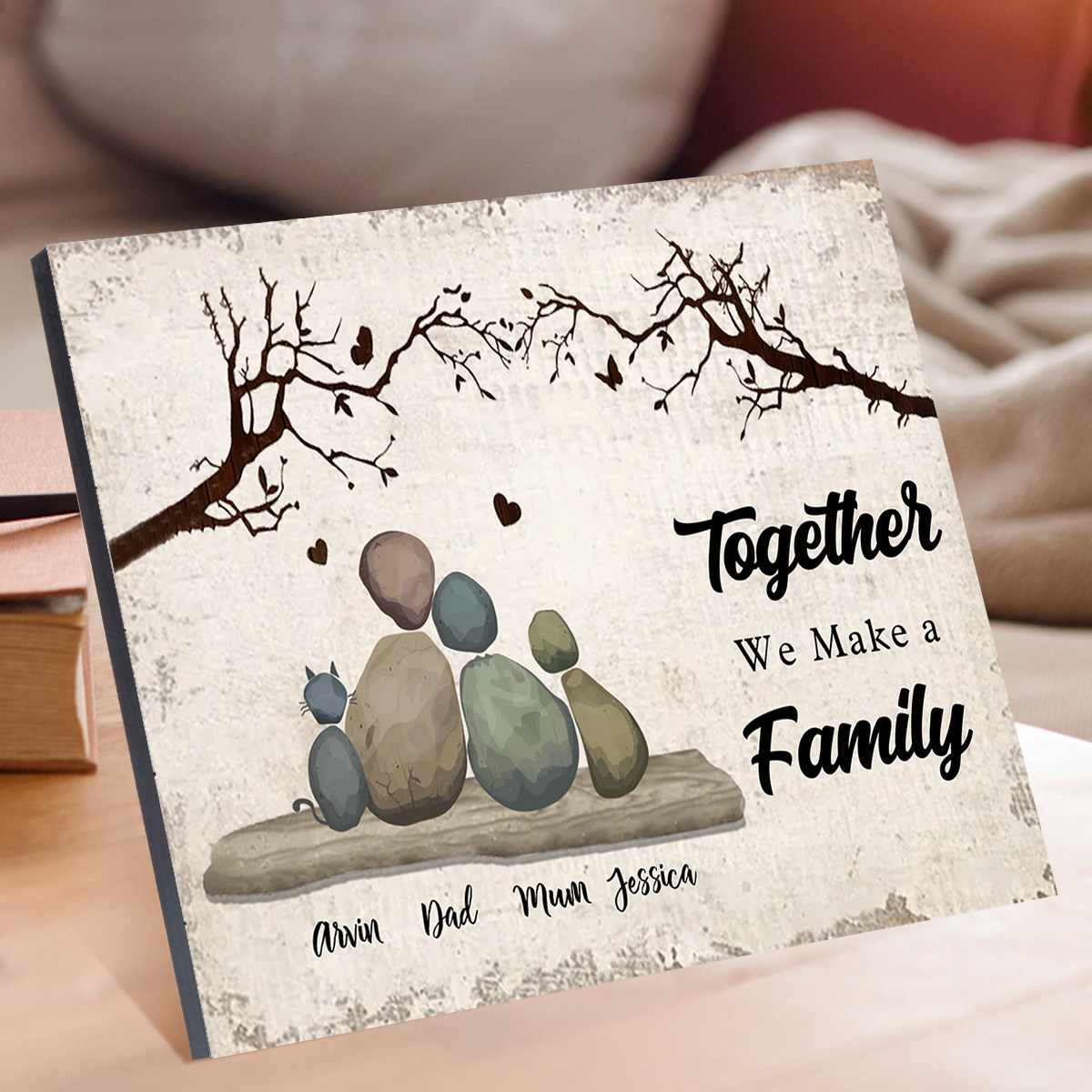 Personalised Wooden Pebble Family Plaque with Names for Couple or Family – “Together, we make a family”