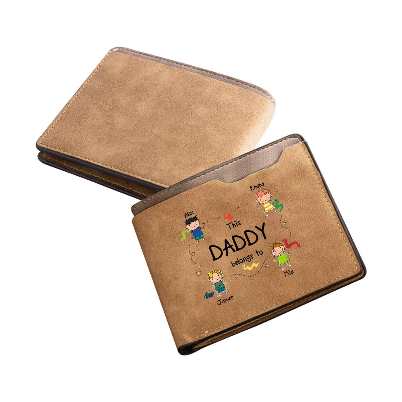 Leather Wallet with First Names and Drawings, Wallet for Grandad or Dad