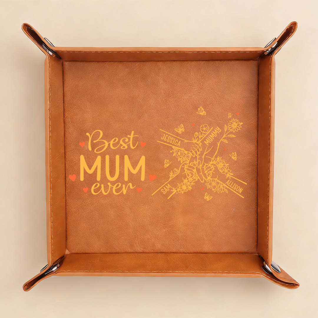 Custom personalised leather tray with 2–7 names, “Best Mum of All Time”, practical keepsake gift for Mother’s Day, birthdays and Christmas for Mum | Jessemade