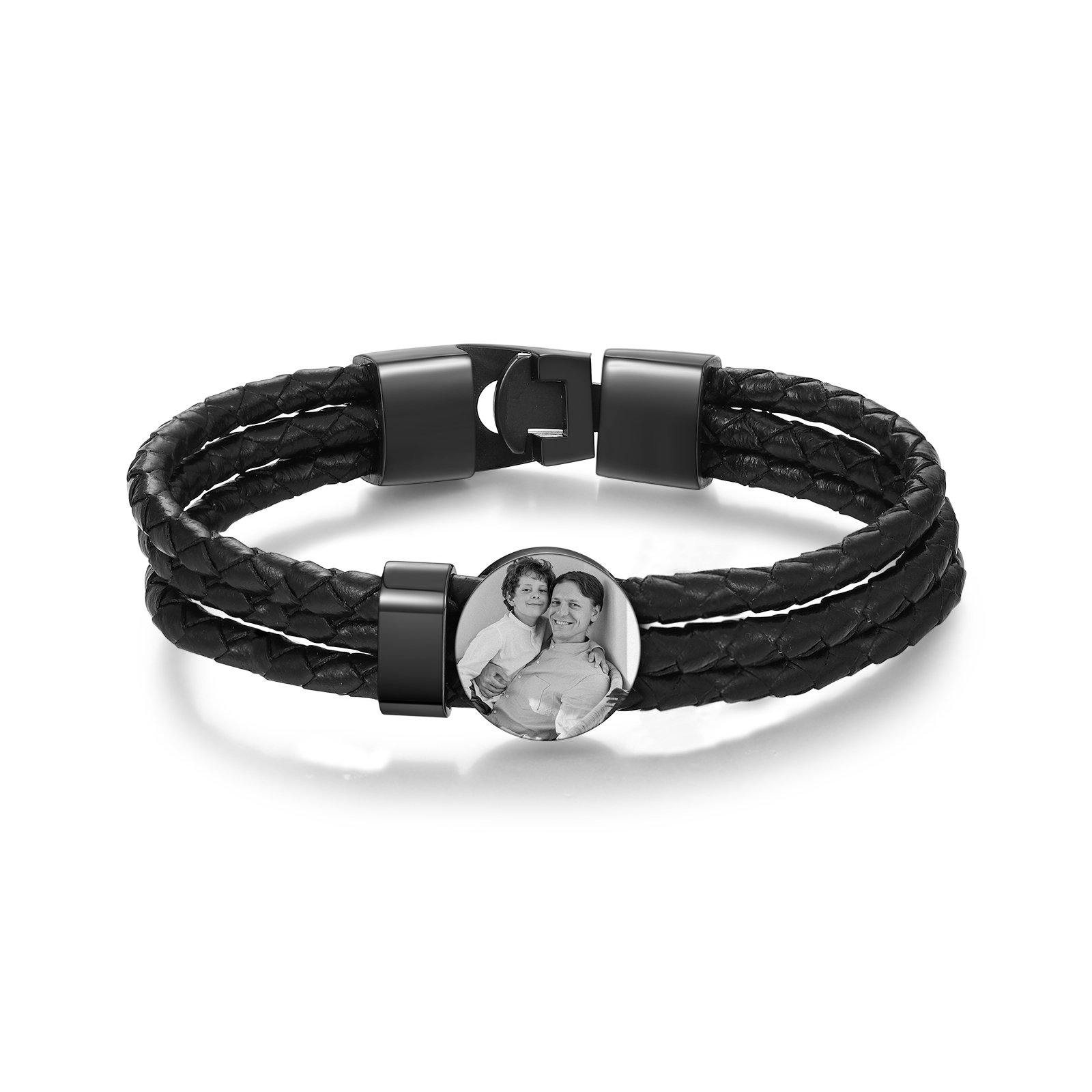 Personalised Men's Leather Bracelet Custom 1 Name & 1 Photo Braided Bracelet Father's Day Gifts for Him-Jessemade AU