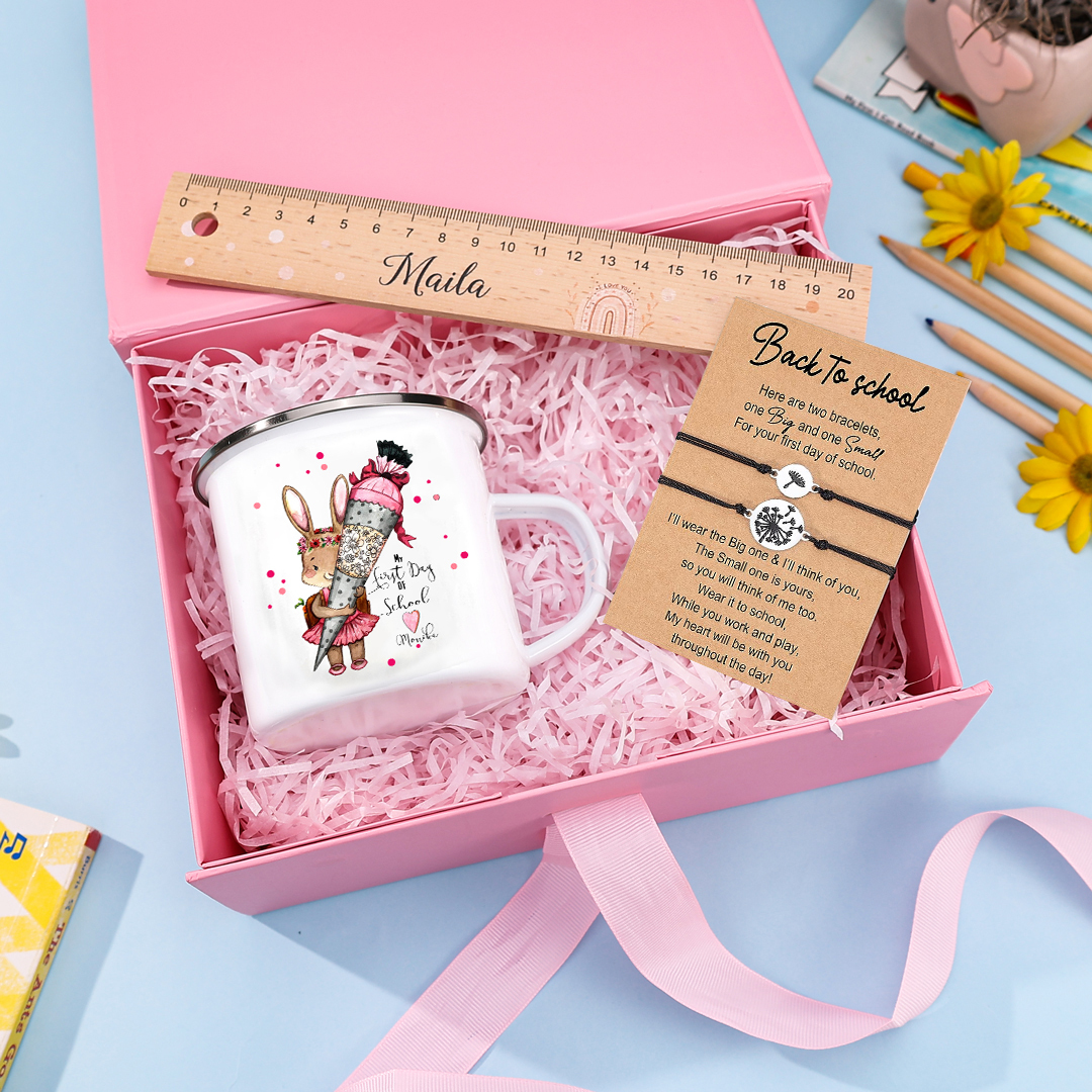 Personalised 2 Names Gift Set Custom Enamel Mug & Ruler & Bracelets Gift Set Back-to-School Gifts for Daughters