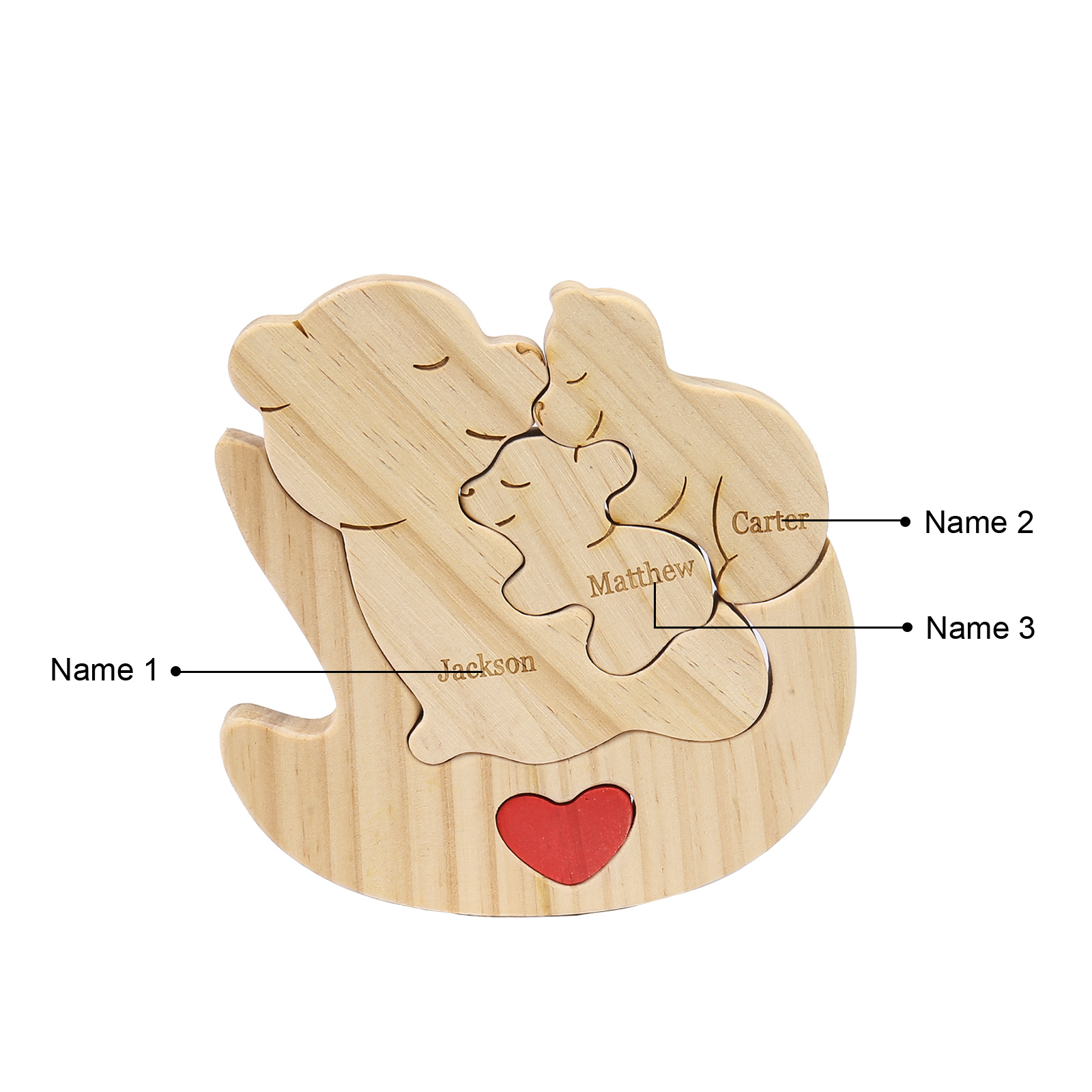 Personalised Wooden Bear Family Puzzles Custom 3 Names Animal Heart Ornaments Fathers Day Gifts-Jessemade AU
