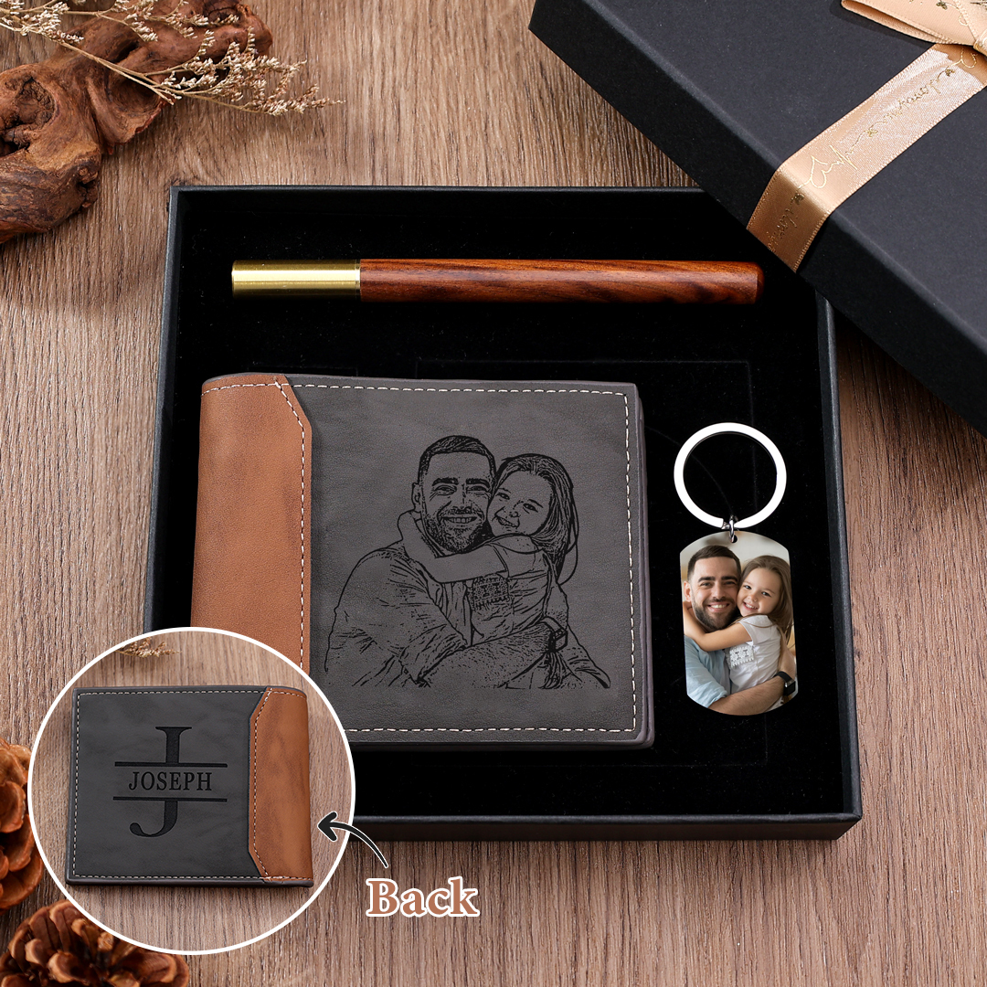 Personalised 2 Names & 1 Letter & 2 Photos Fist Bump Gift Set Custom Wallet & Keychain & Pen Dad Gift Box Set Fathers Day Gift-Jessemade AU